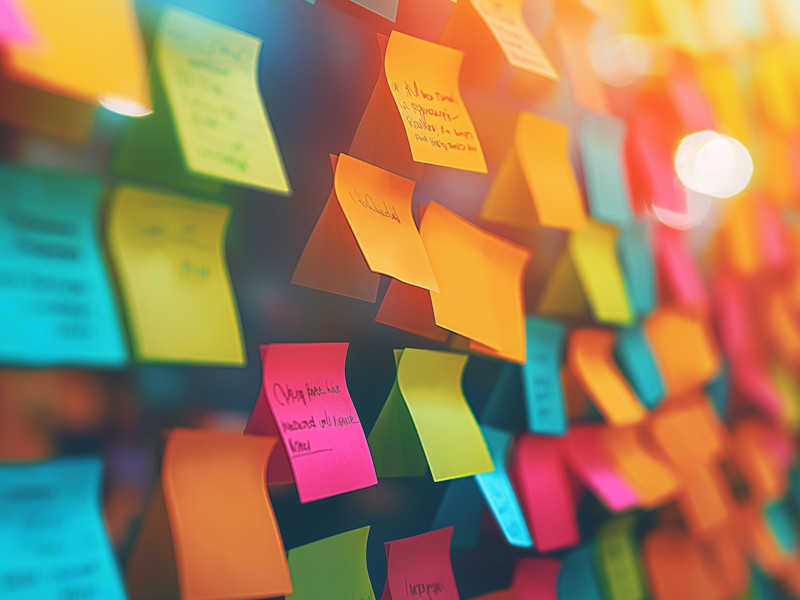 Multi-coloured sticky notes on a board
